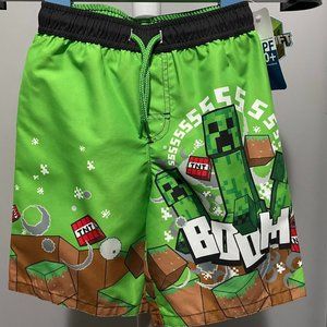 NEW WITH TAGS BOYS MINECRAFT SWIM TRUNKS,  SWIM SHORTS SIZE 5/6. UPF 50+